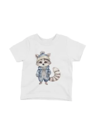 Trendy Raccoon Tee by Apparel by Cetakshop. A stylish raccoon in clothes on a kids White t-shirt, for trendsetting tots.