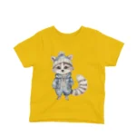 A stylish raccoon in clothes on a kids Yellow t-shirt by Apparel by Cetakshop, for trendsetting tots.