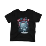 A cat with headphones on a kids Black t-shirt by Apparel by Cetakshop, for little music lovers.