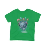 A cat with headphones on a kids Irish Green t-shirt by Apparel by Cetakshop, for little music lovers.