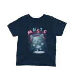 A cat with headphones on a kids Navy t-shirt by Apparel by Cetakshop, for little music lovers.