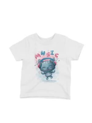 Musical Cat Tee by Apparel by Cetakshop. A cat with headphones on a kids White t-shirt, for little music lovers.