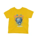 A cat with headphones on a kids Yellow t-shirt by Apparel by Cetakshop, for little music lovers.