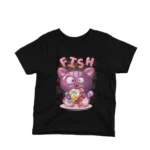 A playful cat with fish on a kids Black t-shirt by Apparel by Cetakshop, for a swimmingly good look.