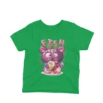 A playful cat with fish on a kids Irish Green t-shirt by Apparel by Cetakshop, for a swimmingly good look.