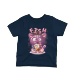 A playful cat with fish on a kids Navy t-shirt by Apparel by Cetakshop, for a swimmingly good look.