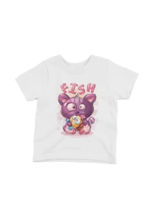 Fishy Fun Tee by Apparel by Cetakshop. A playful cat with fish on a kids White t-shirt, for a swimmingly good look.