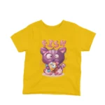 A playful cat with fish on a kids Yellow t-shirt by Apparel by Cetakshop, for a swimmingly good look.