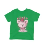 A cute kitten with a crown on a kids Irish Green t-shirt by Apparel by Cetakshop, for majestic style.