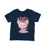 A cute kitten with a crown on a kids Navy t-shirt by Apparel by Cetakshop, for majestic style.