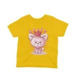 A cute kitten with a crown on a kids Yellow t-shirt by Apparel by Cetakshop, for majestic style.