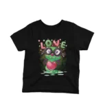 A lovable heart-holding monster printed on a kids Black t-shirt by Apparel by Cetakshop, making for a sweet style statement.