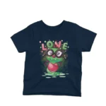 A lovable heart-holding monster printed on a kids Navy t-shirt by Apparel by Cetakshop, making for a sweet style statement.