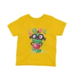 A lovable heart-holding monster printed on a kids Yellow t-shirt by Apparel by Cetakshop, making for a sweet style statement.