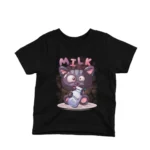 A cartoon cat with a milk bottle on a kids Black t-shirt by Apparel by Cetakshop, for the sweetest look.