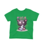 A cartoon cat with a milk bottle on a kids Irish Green t-shirt by Apparel by Cetakshop, for the sweetest look.