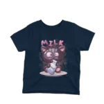 A cartoon cat with a milk bottle on a kids Navy t-shirt by Apparel by Cetakshop, for the sweetest look.