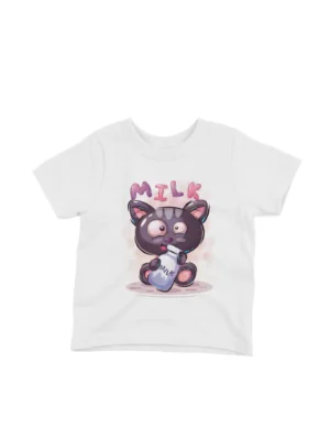 Milk Monster Tee by Apparel by Cetakshop. A cartoon cat with a milk bottle on a kids White t-shirt, for the sweetest look.