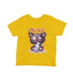 A cartoon cat with a milk bottle on a kids Yellow t-shirt by Apparel by Cetakshop, for the sweetest look.