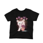 A child's Black t-shirt with a cute cartoon cat holding a coffee mug design from Apparel by Cetakshop, perfect for adding a fun twist to kids' casual wear.