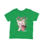 A child's Irish Green t-shirt with a cute cartoon cat holding a coffee mug design from Apparel by Cetakshop, perfect for adding a fun twist to kids' casual wear.