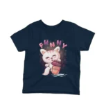 A child's Navy t-shirt with a cute cartoon cat holding a coffee mug design from Apparel by Cetakshop, perfect for adding a fun twist to kids' casual wear.