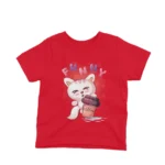 A child's Red t-shirt with a cute cartoon cat holding a coffee mug design from Apparel by Cetakshop, perfect for adding a fun twist to kids' casual wear.