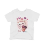 Funny Cat with Coffee Tee by Apparel by Cetakshop. A child's White t-shirt with a cute cartoon cat holding a coffee mug design from Apparel by Cetakshop, perfect for adding a fun twist to kids' casual wear.