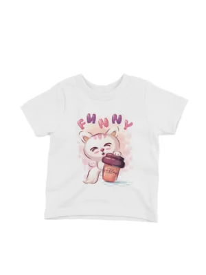 Funny Cat with Coffee Tee by Apparel by Cetakshop. A child's White t-shirt with a cute cartoon cat holding a coffee mug design from Apparel by Cetakshop, perfect for adding a fun twist to kids' casual wear.