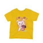 A child's Yellow t-shirt with a cute cartoon cat holding a coffee mug design from Apparel by Cetakshop, perfect for adding a fun twist to kids' casual wear.