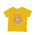 Yellow t-shirt for kids with an adorable princess and cupcake graphic, a delightful addition to any young girl's outfit collection by Apparel by Cetakshop.