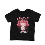 Kid's Black t-shirt by Apparel by Cetakshop featuring a pretty pink hairstyle cartoon, fusing fashion with playful charm.