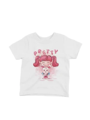 Pretty Pink Hairstyle Tee by Apparel by Cetakshop. Kid's White t-shirt featuring a pretty pink hairstyle cartoon, fusing fashion with playful charm.