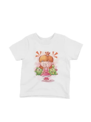 Friendly Frogs Tee by Apparel by Cetakshop. Children's White t-shirt adorned with friendly frogs and treats, perfect for adding joy to everyday wear.