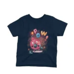 Children’s Navy t-shirt with a pomegranate character as a superhero, complete with explosion effects, from Apparel by Cetakshop.