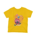 Children’s Yellow t-shirt with a pomegranate character as a superhero, complete with explosion effects, from Apparel by Cetakshop.