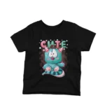 A blue cartoon creature smiling on a kids Black t-shirt by Apparel by Cetakshop, crafted for comfort and style.