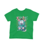 A blue cartoon creature smiling on a kids Irish Green t-shirt by Apparel by Cetakshop, crafted for comfort and style.