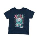 A blue cartoon creature smiling on a kids Navy t-shirt by Apparel by Cetakshop, crafted for comfort and style.