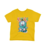 A blue cartoon creature smiling on a kids Yellow t-shirt by Apparel by Cetakshop, crafted for comfort and style.