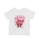 Pomegranate Painter Tee by Apparel by Cetakshop. White t-shirt for kids featuring a pomegranate character with a painter’s palette, a creative design.