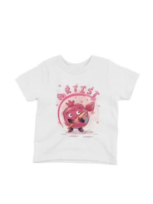 Pomegranate Painter Tee by Apparel by Cetakshop. White t-shirt for kids featuring a pomegranate character with a painter’s palette, a creative design.