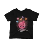 Kids' Black t-shirt with a pomegranate character amidst comic-style 'bomb' graphics, from Apparel by Cetakshop.