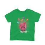 Kids' Irish Green t-shirt with a pomegranate character amidst comic-style 'bomb' graphics, from Apparel by Cetakshop.