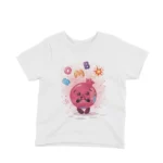 Pomegranate Comic bomb Tee by Apparel by Cetakshop. Kids' White t-shirt with a pomegranate character amidst comic-style 'bomb' graphics, from Apparel by Cetakshop.