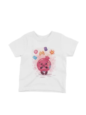 Pomegranate Comic bomb Tee by Apparel by Cetakshop. Kids' White t-shirt with a pomegranate character amidst comic-style 'bomb' graphics, from Apparel by Cetakshop.