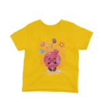 Kids' Yellow t-shirt with a pomegranate character amidst comic-style 'bomb' graphics, from Apparel by Cetakshop.