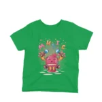 Irish Green kids' t-shirt showcasing a pomegranate character playing the drums, a musical motif by Apparel by Cetakshop.