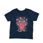 Navy kids' t-shirt showcasing a pomegranate character playing the drums, a musical motif by Apparel by Cetakshop.
