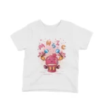 Pomegranate Jam Session Tee by Apparel by Cetakshop. White kids' t-shirt showcasing a pomegranate character playing the drums, a musical motif.